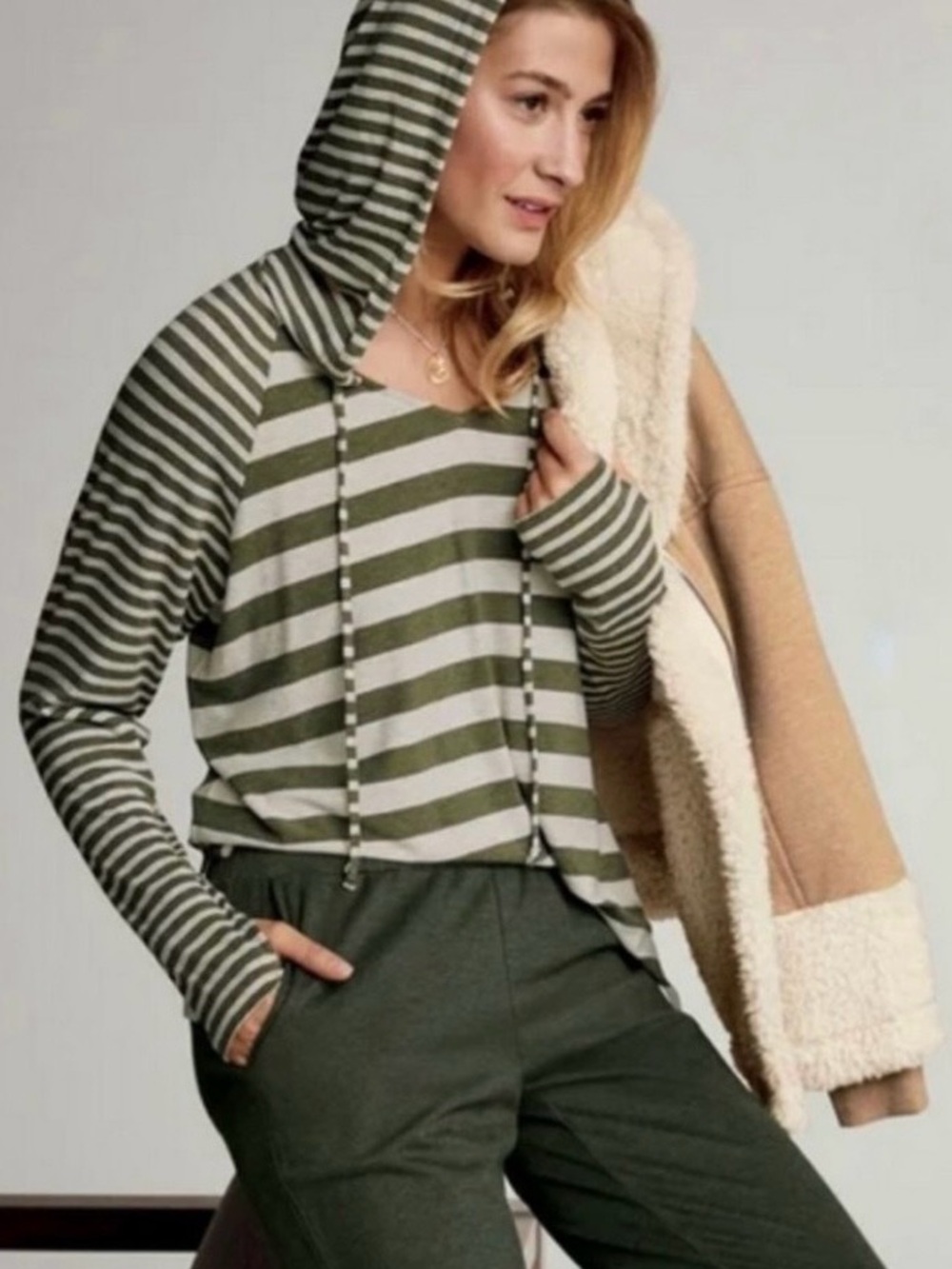 CAbi Olive and Cream Playoff Striped Hooded Pullover XS #3995